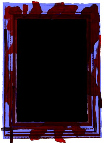 An empty, bloody, blue picture frame.