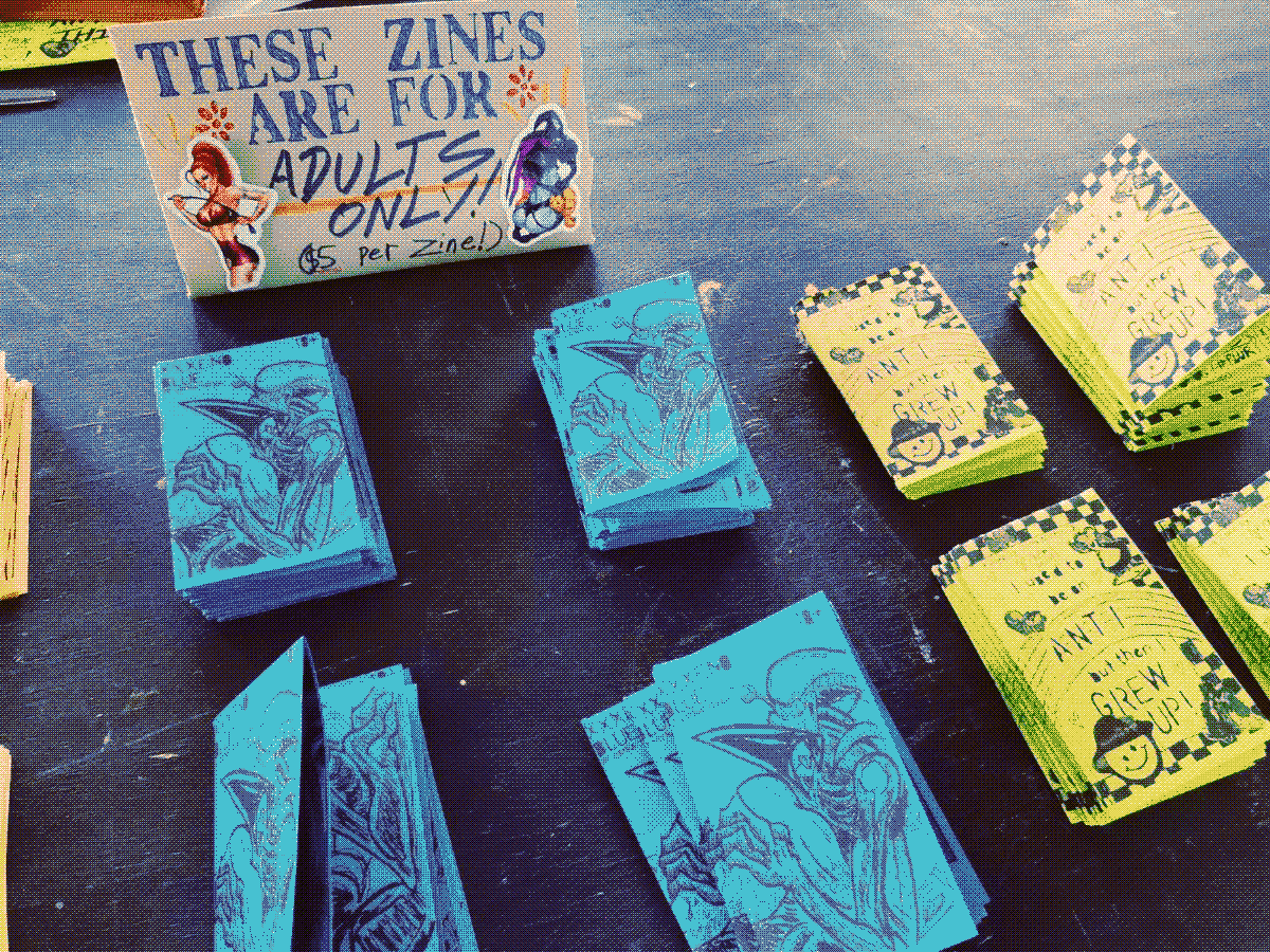 Picture of my table at the event, showing stacks of XXXeno Blue and I Used to Be an Anti on display.
