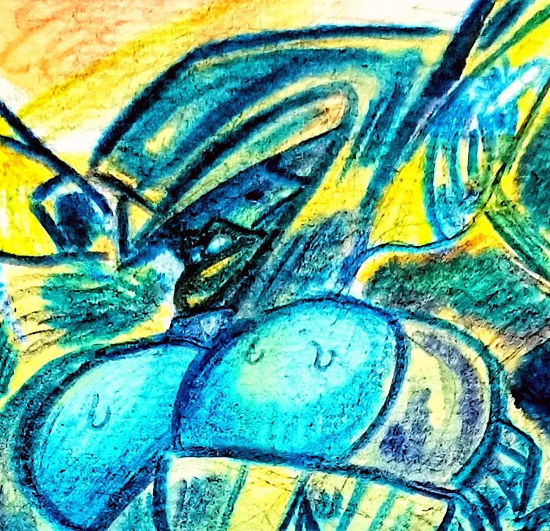 Watercolour painting of XLR8 in Junketsu, standing tall against a bright orange sky.