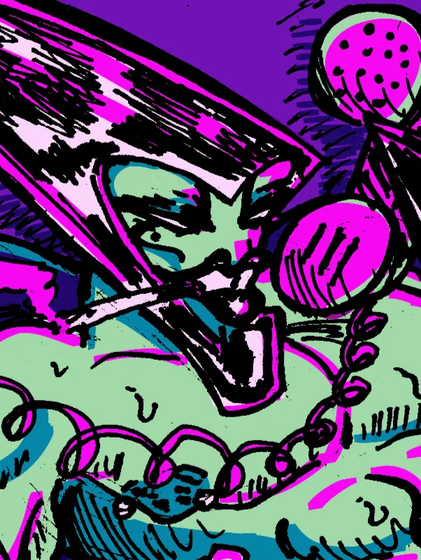 Digitally coloured inked drawing of XLR8 in a sleazy hotel at night, naked in bed. Dollar bills and condom wrappers are scattered around the room. He's smoking with a smug, satisfied look on his face, while twirling a phone cord in his claw. He's speaking to someone of the phone. The cigarette smoke transitions into text above with reads: CALL A HERO in all caps.