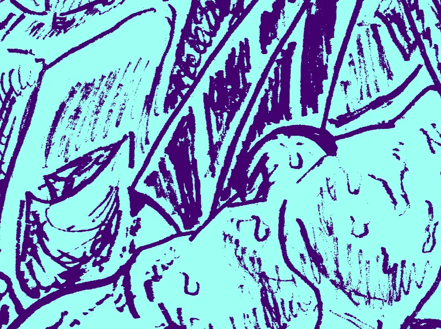 Pen sketch of XLR8 bending over to vaccum inside a car while completely naked.