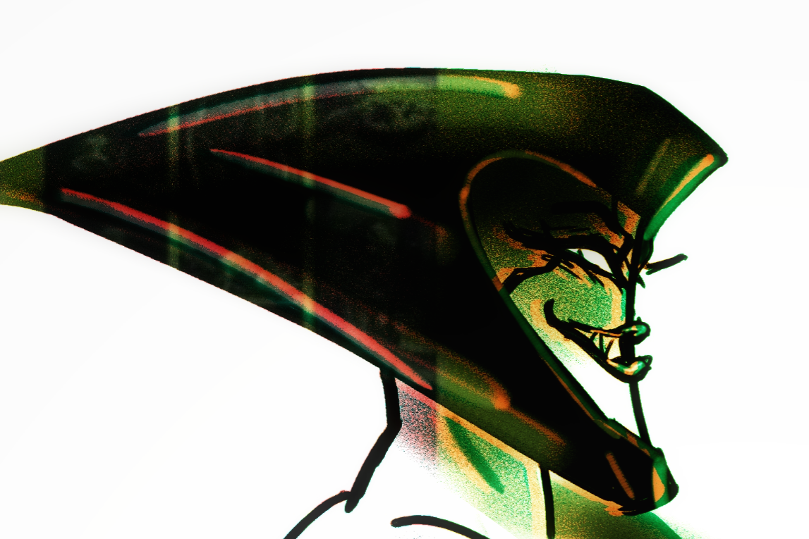 Digital drawing of XLR8, nude, with a giant spike on his arm made of ferrofluid. He is looking at the viewer, smiling with malicious intent.