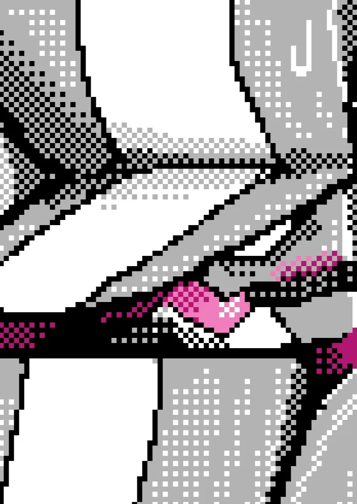 Pixel art of Zapo tied up and gagged, hanging from the ceiling in a dark room.