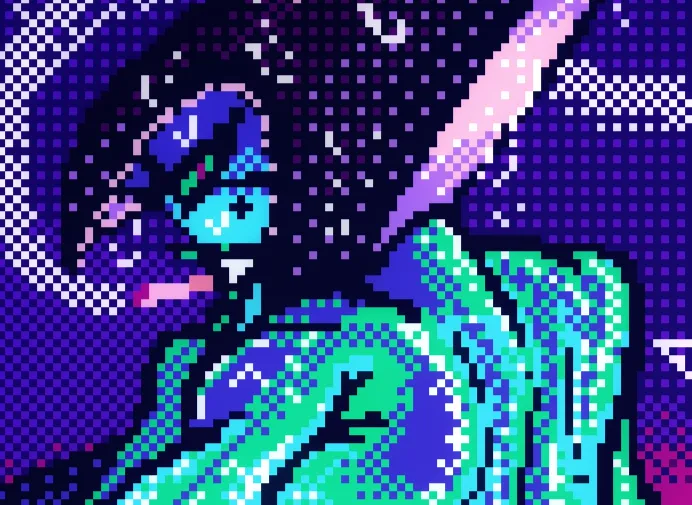 Pixel art of XLR8 in a neon lit pool, smoking a cig. He's completely naked and wet, with his back turned towards the viewer.