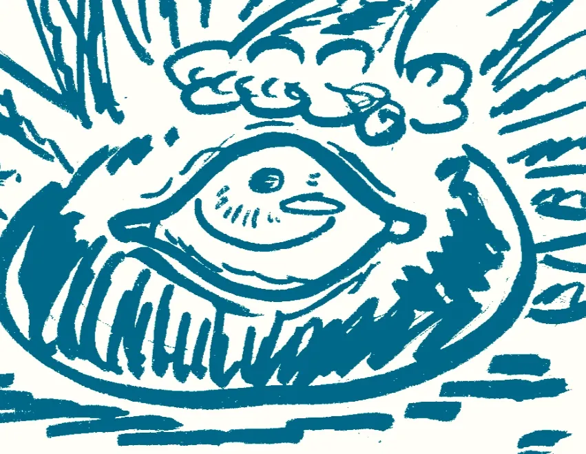 Traditional marker drawing of my persona, a little sea urchin, standing under XLR8, who is tied up and hanging upside down from the ceiling. Someone offscreen is saying: Merry Christmas, Tetra! My urchin self says: Wow! I hope it's a Labubu!