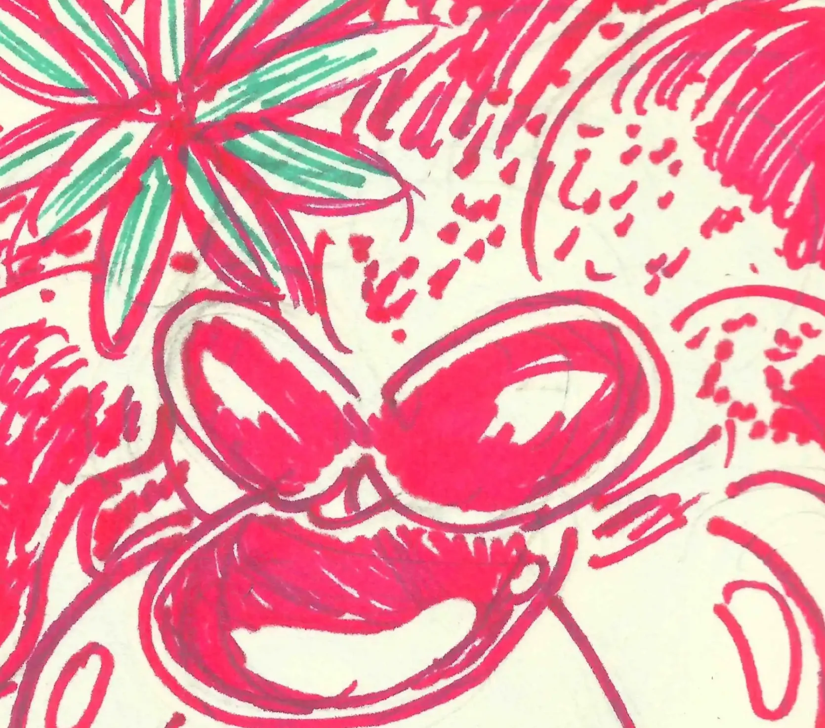 Traditional marker drawing of Soja Girl, who is a sentient sorrel flower with fat lips and fat tits. She's also wearing an anise star for a hairpin, and high heel boots.