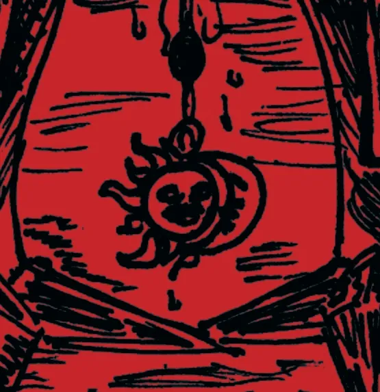 Pen sketch of XLR8 showing off a sun and moon chain piercing hanging from his clit.