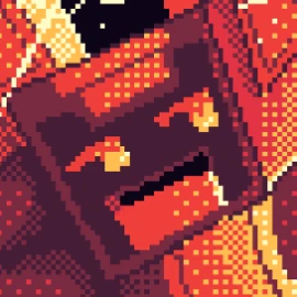 Pixel art of the yellow runner from Nitrome's Rush posing for an advertisement for tattoos for robots. He's wearing a thong that he's seductively pulling off with his finger. His leg has a flame decal on it. The red text in the bottom left corner says 'Stain your steel'. Four smiley faces can be seen on the right side of the drawing.