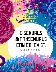 Pixel art of an abstact landscape in the colours of the bisexual and pansexual landscape. The words on the sun/moon say 'Bisexuals and Pansexuals can co-exist.