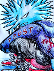 Tradtional art of Nitrome's Jack frost wearing a red shoes, black pants and blue with the word 'Frost' written on the sleeve.