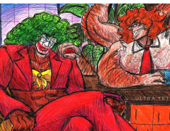 Traditional art depicted Jones and Nunjara reenacting the talk show scene from Joker.
