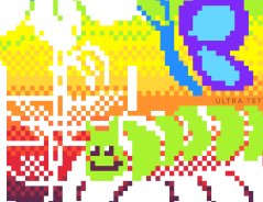 Pixel art of a rainbowbackground with a butterfly, sunflower and catapillar. The text says 'Nature is queer.'