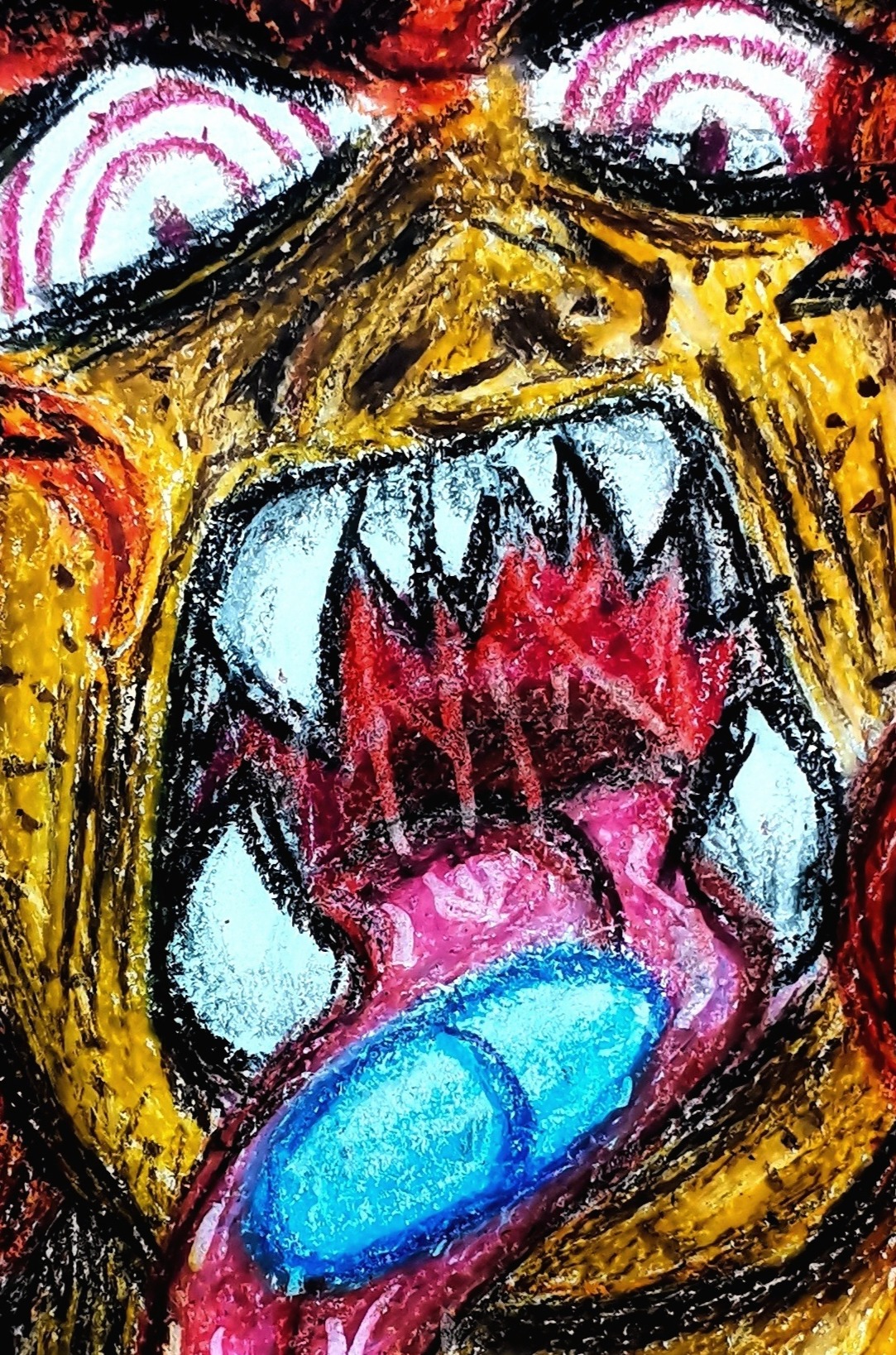 Oil pastel drawing of Jones with his mouth wide open and tounge hanging out. A blue pill rests on his tounge.