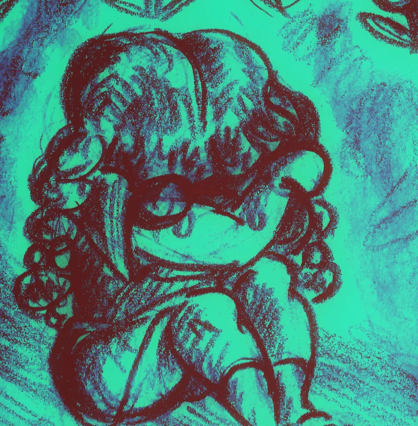 Pencil drawing of Madosuki on the ground, crying to herself. The path to the Ghost World sits in front of her.