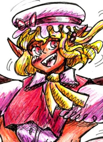 Traditional art of Flandre Scarlet from Touhou Project looking very happy.
