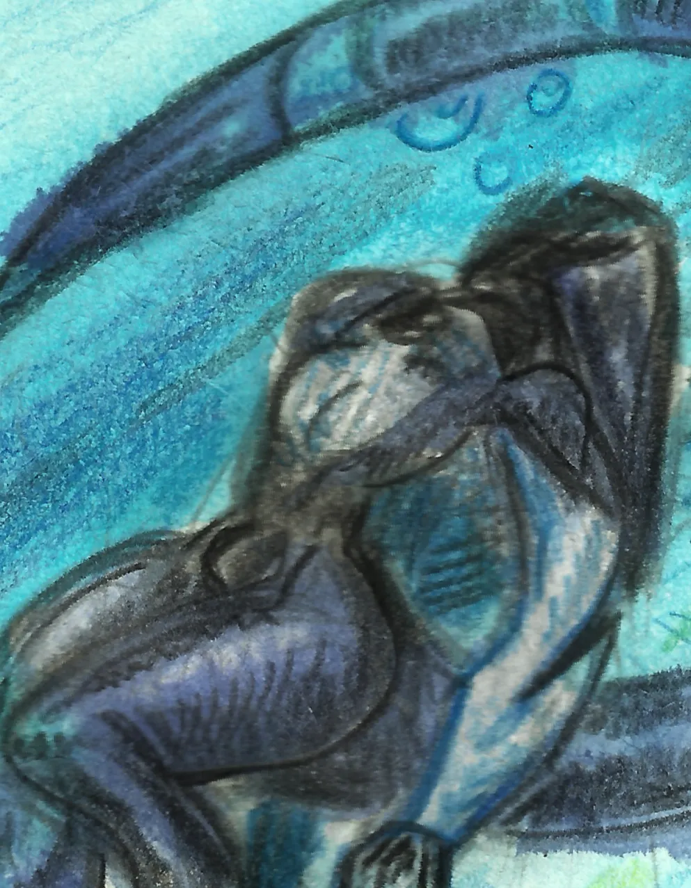 Watercolour and colour pencil piece of XLR8 floating underwater in a pool.