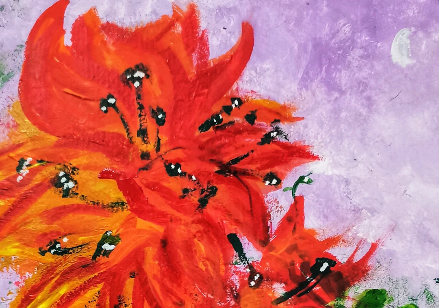 Acrylic painting of red flowers against a purple sky.