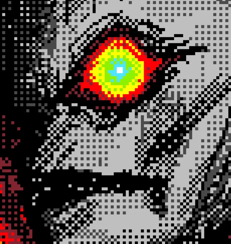 Pixel art of the face of Hurricane Milton staring eerily at the viewer through one eye.