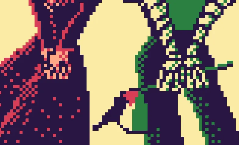 Pixel art of Sam and Sera standing with their back facing the view. Sera (left) is wearing a keffiyeh and Sam (right) is holding a Palestine flag in his hands.