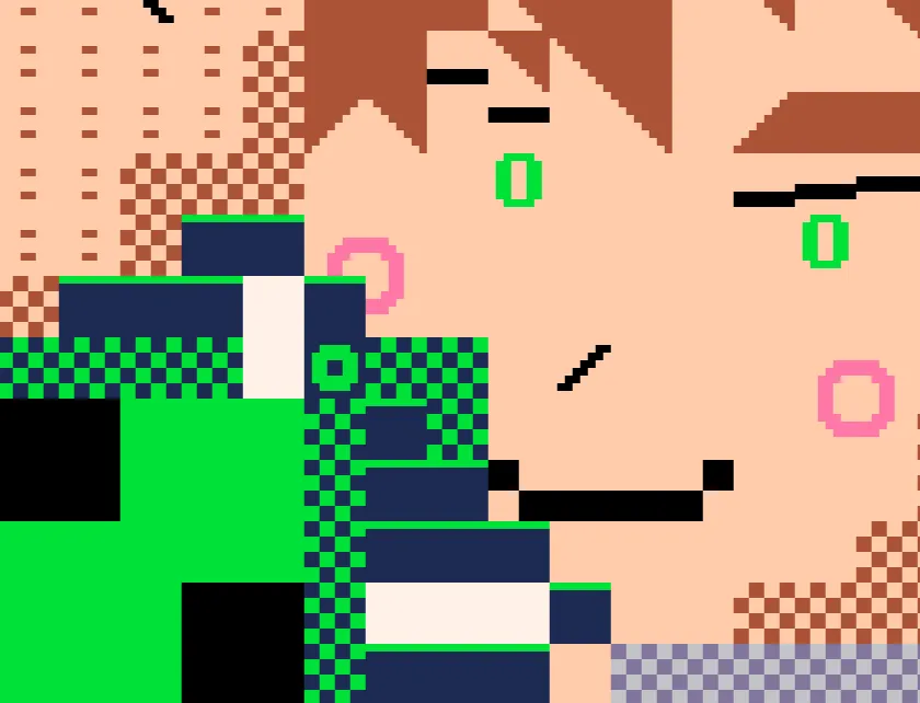 ASCII pixel art of a redrawn frame from the Tourist Trap episode of Classic Ben 10. Ben is holding up his watch with a confident expression on his face.