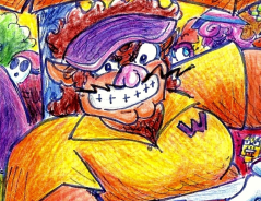 Traditional art of Wario serving doubles to various Mario characters in Queen's Park Savannah.