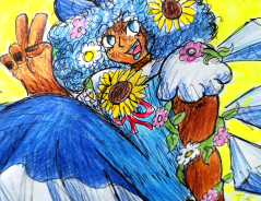 Traditional art of Cirno sitting down and holding up a peace sign with her fingers.
