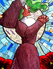 Mixed media collage of a stained glass illustration of Sister Nunjara praying.