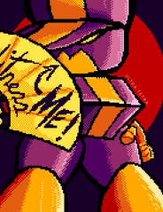 Pixel art of Zapo standing infront of a dark purple background with a red circle. He is holding up a yellow fan with the words 'Witness Me!' on it.