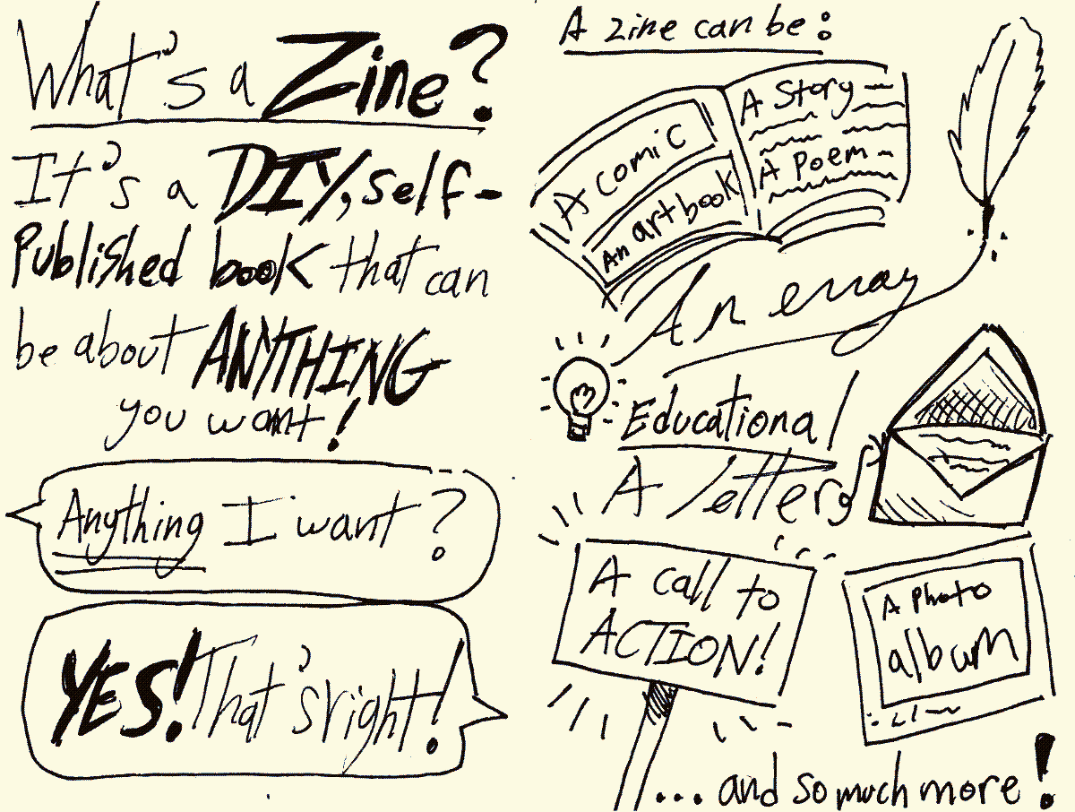 What's a zine? It's a DIY, self published book that can be about anything you want! Anything I want? Yes! That's right! A zine can be: A comic, an artbook, a story, a poem, an essay, educational, a letter, a call to action, a photo album, and so much more!