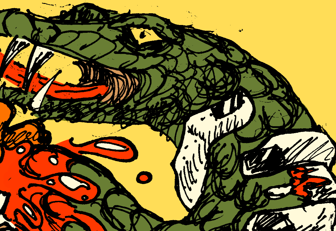 Digitally coloured pen drawing of a giant green snake burrowing holes through Jones' body as he panics to pull it out. He's bleeding heavily from his ass, chest, penis and eye socket.