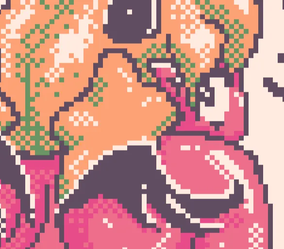 Pixel art of Angel, naked and covered in oil, bent over naked while sticking out her butt.