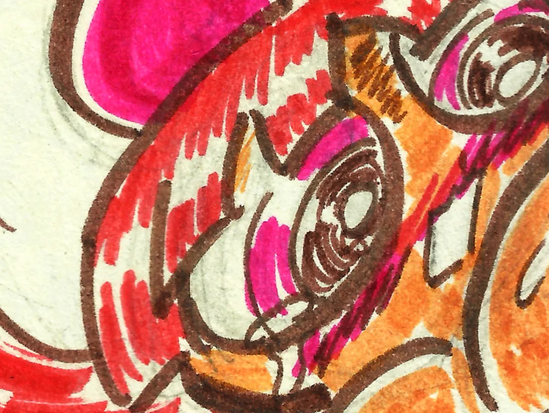 Traditional marker drawing of Blossom with her breasts popping out of her shrunken dress.