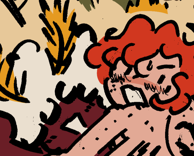 Digitally coloured marker drawing of Barry and Jones having sex on a spider web in a bush. Jones is shocked and embarrassed to notice the viewer watching, while Barry smiles and waves back at them.