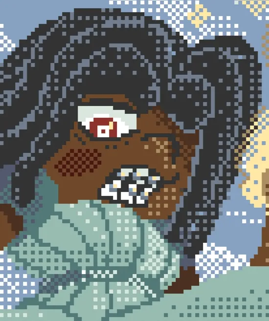 Pixel art of a Heather, an esper girl, floating in the sky. Her dress is flying up, exposing her panties. She's angrily looking down on the viewer, with some sort of energy radiating from her hands.