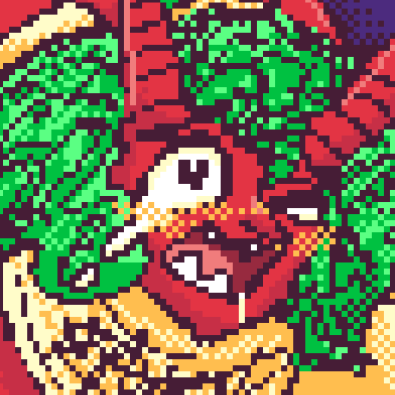 Pixel art of a lesbian demon being sexually assaulted by a much larger male demon (Corrective Rape). She is standing up while bent over with her butt pointing up in the air. Semen is gushing out from her butt.