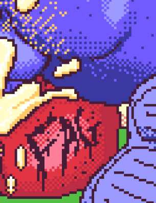 Pixel art of a lesbian demon being sexually assaulted by a much larger man (Corrective Rape). They are in a mating press position, with the older man on top of the woman. 'EX FAG' can be seen written on her butt cheeks. Semen is gushing from her vagina and anus.