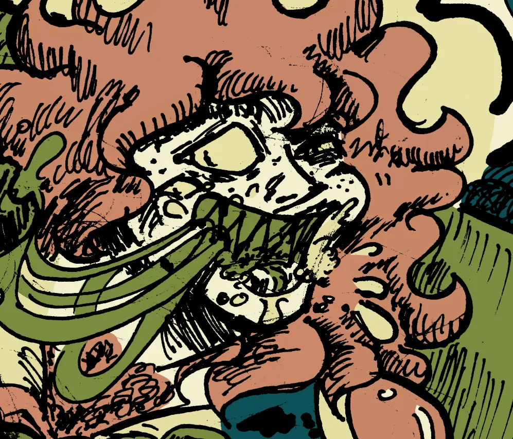 Digitally coloured marker drawing of Jones having a public mukbang at a restaurant, eating various meals made out of bugs. Nunjara, working as waitress, is observing him from behind, screaming out: GROSS! in a speech bubble.