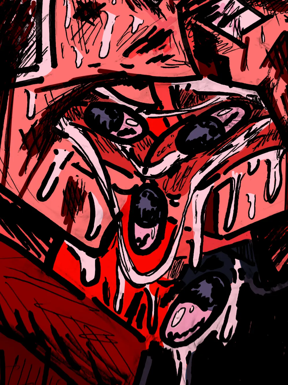 Digitally coloured traditional art of Kaneda and Tetsuo from Akira. Drool and pills are dripping from their mouths as they tounge kiss. Both of their faces are bruised and covered in blood, sweat and bandages. Tetsuo is crying and has a black eye. Kaneda is gripping Tetsuo's neck with one hand.