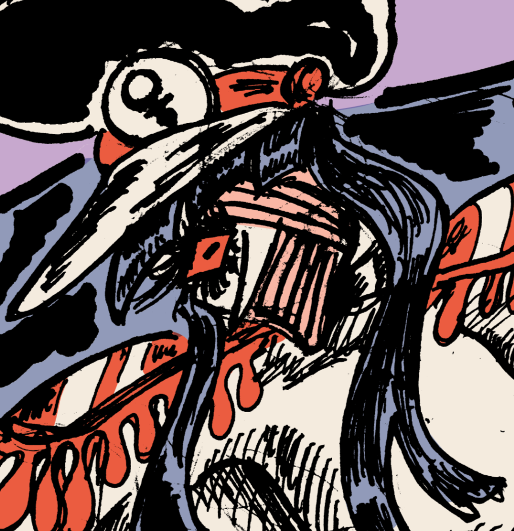 Digitally coloured marker drawing of Barry and Jones having sex on a spider web in a bush. Jones is shocked and embarrassed to notice the viewer watching, while Barry smiles and waves back at them.