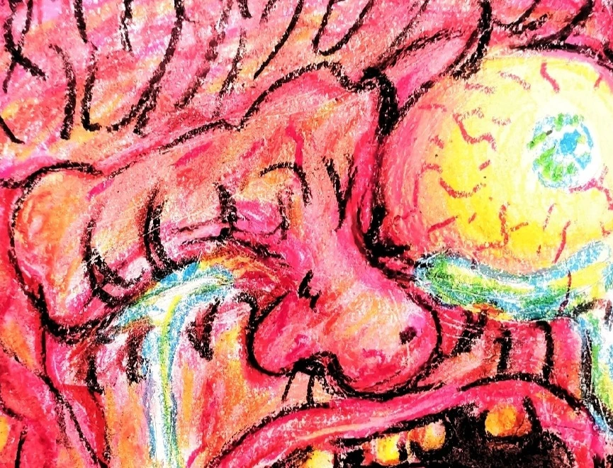 Oil pastel drawing of a sentient human meat cube crying and screaming.