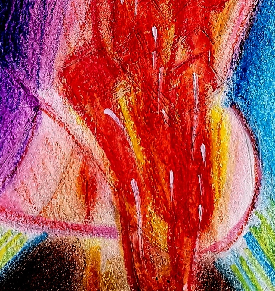 Oil pastel drawing of Zapo, pinned upside down on a blue x. Lava is being poured down his vagina and flowing out of his eye sockets and mouth.