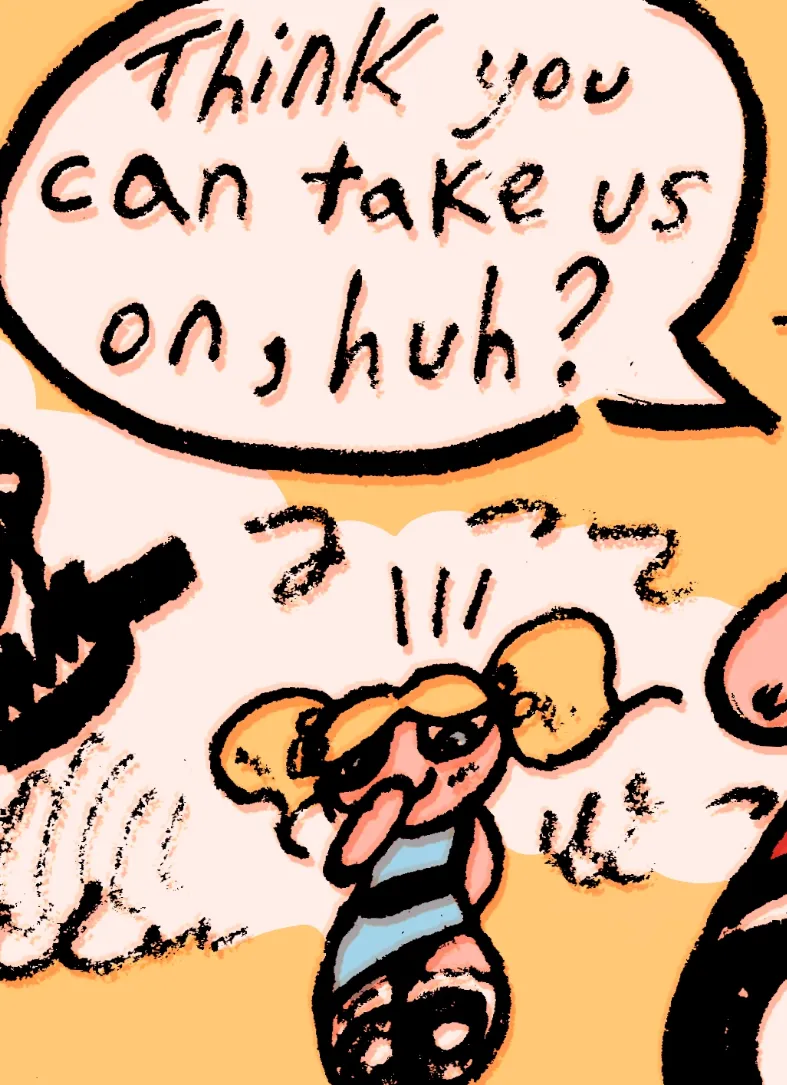 Digitally coloured two panel comic of the Powerpuff Girls being defeated by an off-screen male villain. First panel shows the girls floating in the sky, looking down on the villain. Confidently, Blossom says: Think you can take on us, huh? Second panel cuts to them defeated, their bodies piled up on eachother. Their butts are bruised from being spanked, and cum is leaking from their butt holes. Bubbles is wetting herself. Humiliated, Blossom says: S-sorry for harassing you, Daddy. Let's leave him alone, Girls... 