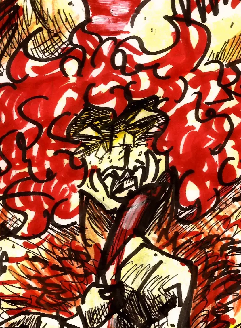 Marker drawing of Jones as a six-armed evil fascist god having a political rally in a city. One of his fingers is covered in blood after stamping his finger on a voter's ballot. A crowd of supporters in swarming around him, with some crawling in to his bloody vagina to use it as a voting booth.