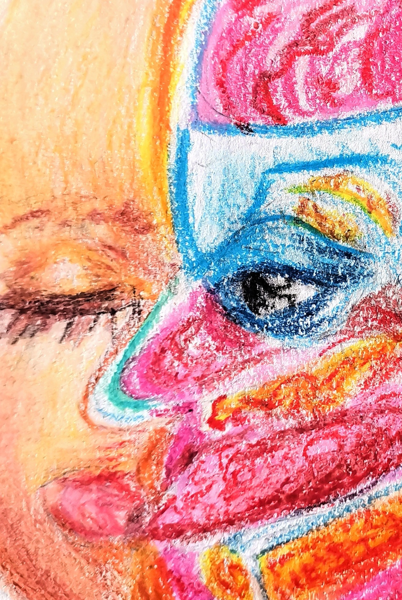 Oil pastel drawing of a baby's dissected head. The brain, skull, buccal pads, facial muscles and tounge can be seen from the side.