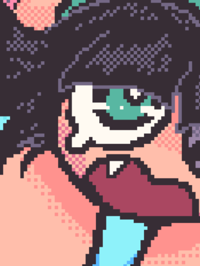 Pixel art of Buttercup hanging from a tree branch by her underwear. Her sisters are watching on from the window of their house.